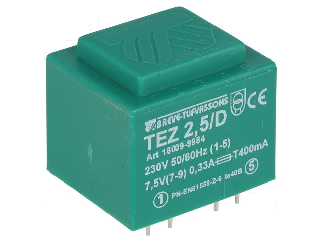 Transformator: ingegoten; 2,5VA; 230VAC; 7,5V; 333,3mA; PCB; IP00 Transformator: ingegoten; 2,5VA; 230VAC; 7,5V; 333,3mA; PCB; IP00